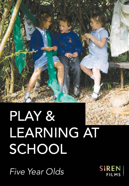 The image shows three children sitting on a bench, surrounded by greenery, with text above them saying "PLAY & LEARNING AT SCHOOL - Five Year Olds."